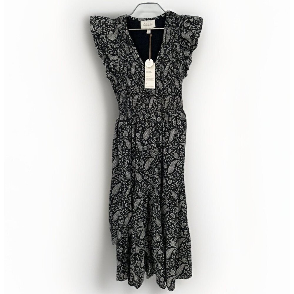 Cleobella Black Smocked Autumn Paisley Midi Dress Size XS NWT Flutter Sleeve